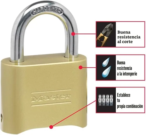 Vista 2 de Master Lock Candado de combinación de latón para uso en interiores y exteriores con combinación reajustable para casillero de gimnasio, puerta