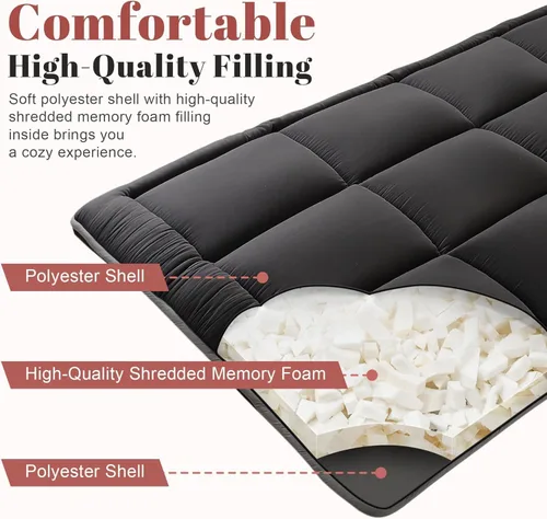 Vista 4 de WhatsBedding Colchón japonés para el suelo, colchón futón de 3 pulgadas, tapete de tatami negro, relleno de espuma viscoelástica triturada, plegable