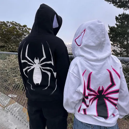 Vista 5 de Sudadera con capucha y cremallera completa con estampado de araña, estampado de araña Y2k, sudadera con capucha con estampado de letras y letras
