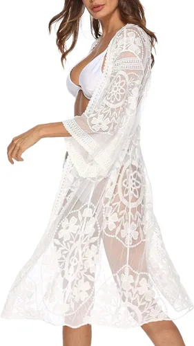 Vista 25 de Cárdigan de Encaje para Mujer de Crochet Floral Transparente Cobertor de Playa Kimono Largo Abierto