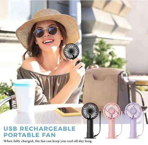 Vista 5 de Tujoe Mini ventilador de mano potente de 3 velocidades, ventilador personal pequeño portátil recargable con base USB para mujeres, maquillaje