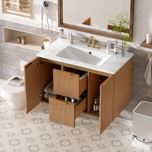 Vista 12 de Polibi Tocador de baño de 30 pulgadas con 3 agujeros, fregadero de cerámica individual y gabinete de madera maciza, tocador de diseño vintage