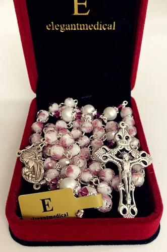 Vista 5 de elegantmedical Hecho a mano Veluriyam Rose Beads & Pearl Beads Rosario & Italia Cruz Católica Collar Caja de Regalo