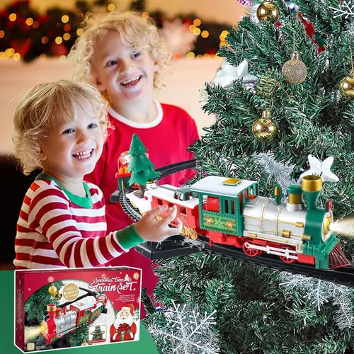Vista 4 de Juego interactivo de ferrocarril navideño – Locomotora giratoria con 8 melodías de efectos de niebla y parada automática perfecta para decoración