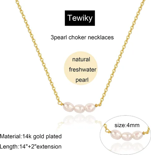Vista 6 de Tewiky Collares de perlas para mujer, delicado collar de oro chapado en oro de 14 quilates, collar de perlas simples, collares de gargantilla