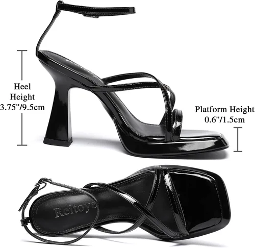Vista 4 de Reitoye Tacones de tiras para mujer, con plataforma, tacones altos y gruesos, sandalias de tacón cuadrado con puntera abierta, correa de tobillo