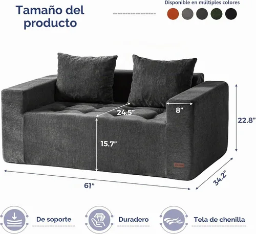 Vista 2 de MAXYOYO Sofá modular de 61 pulgadas, sofá biplaza sin hueso con asiento profundo, tapizado de felpilla, cómodo sofá para sala de estar, no requiere