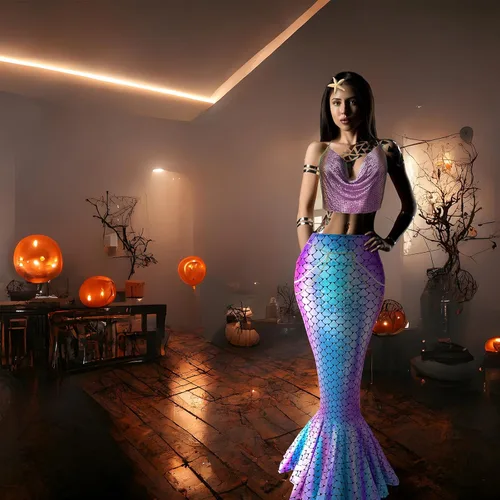 Vista 5 de Jiuguva 5 piezas de disfraz de sirena para mujer, falda de cadena metálica, estrella de mar, clip para el cabello, gel con purpurina para Halloween