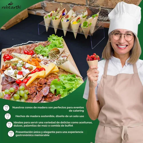 Vista 5 de rebEarth Conos de madera desechables – Conos resistentes al calor para charcutería, aperitivos y aperitivos – Conos de madera de pino