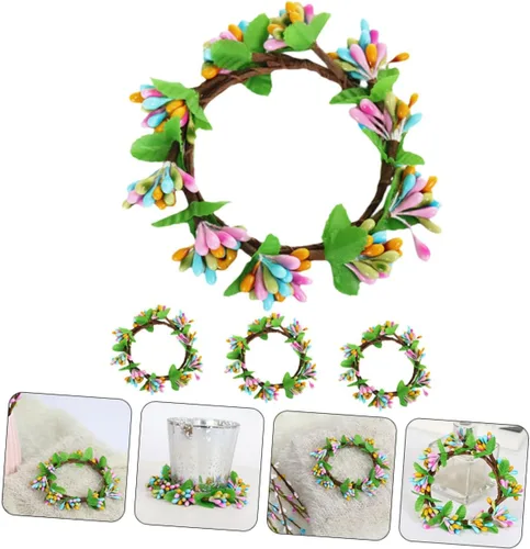 Vista 8 de KOMBIUDA 4 coronas de velas de Pascua para decoración de mesa, portavelas de bayas de primavera, encantadores adornos florales para fiestas