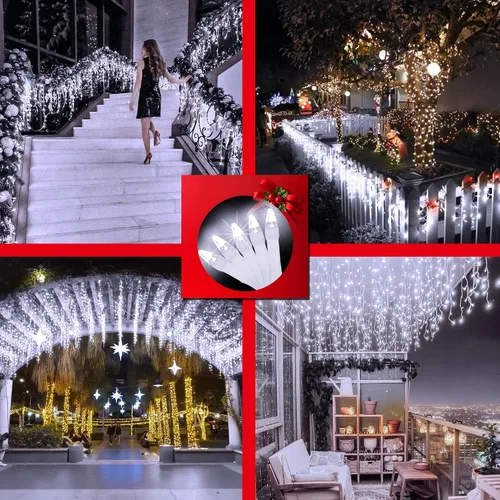 Vista 6 de 612 luces LED de Navidad de 60 pies con 136 gotas, 12 modos regulables, luces colgantes blancas frías al aire libre con memoria de temporizador