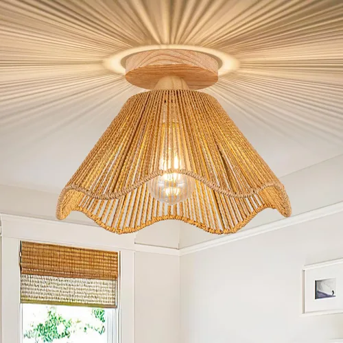 Vista 11 de Lámpara de Techo de Ratán Boho - Mini Candelabro de Montaje Empotrado Accesorio de Luz Tejido para Dormitorio, Pasillo, Entrada, Baño, Guardería
