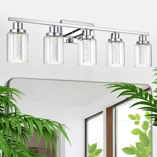 Vista 15 de MELUCEE Lámparas de tocador de baño, 3 luces LED sobre espejo, 3000 K-6000 K, moderna luz negra para baño con pantalla de cristal de burbujas, chips