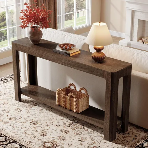 Vista 5 de Tribesigns - Mesa de consola de entrada de 63 pulgadas, mesa de sofá de 2 niveles estilo granja estrecha detrás del sofá, mueble de consola