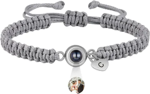 Vista 12 de Pulsera con inicial personalizada con imagen en el interior, cuerda de proyección de fotos personalizada para hombres y mujeres, regalo