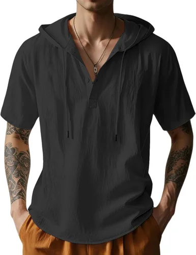 Vista 9 de Sudaderas con capucha de algodón y lino para hombre, camisa de manga corta con botones, camisa de verano hawaiana con cordón