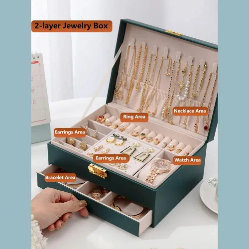 Vista 5 de GUOER Joyero para mujer, niña, esposa, grande, de piel sintética, organizador de joyas, con dos capas, para aretes, pulseras, anillos, relojes