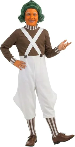 Vista 2 de Willy Wonka Oompa Loompa - Disfraz infantil con calentadores de piernas a rayas, uniforme de fábrica de chocolate, con licencia