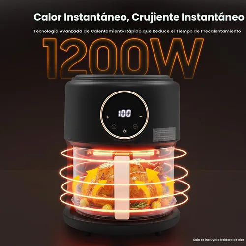 Vista 2 de Freidora de aire de vidrio de 4 cuartos con 8 ajustes preestablecidos, 1200 W digital con pantalla táctil y ventana de visión de 360°, temperatura