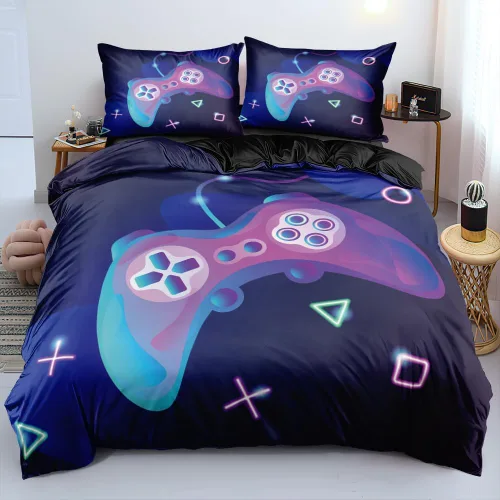 Vista 16 de Juego de funda de edredón de tamaño individual con estampado 3D de Gamepad azul para niños, fundas de edredón y fundas de almohada para dormitorio