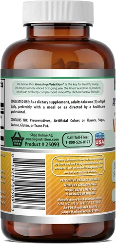Vista 3 de Amazing Formulas Vitamina D3 con suplemento de aceite de coco 5000 UI por porción 180 cápsulas blandas Sin OMG Sin gluten Fabricado