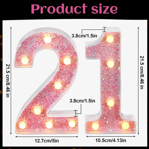 Vista 2 de Letrero decorativo con números 21 de marquesina con luz LED, decoración de mesa de cumpleaños, rosa brillante, 1 y 2, adecuado para cumpleaños