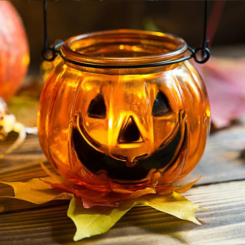 Vista 2 de Juego de 4 portavelas de Halloween, candelabros votivos de SHMILMH con mueca, metal colgante de calabaza Jack O Lanterns, decoración de Halloween