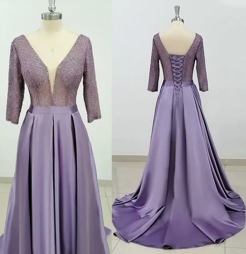Vista 5 de Vestidos largos de satén para baile de graduación, color rosa con bolsillos, ilusión, escote en V, abertura lateral, vestido formal de encaje simple