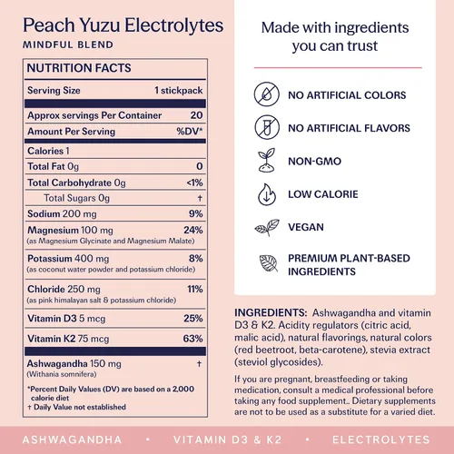 Vista 8 de TRIP Paquetes de electrolitos en polvo con magnesio, Ashwagandha y vitamina D. Paquetes de hidratación diaria Peach Yuzu, vegano, mezcla de bebidas