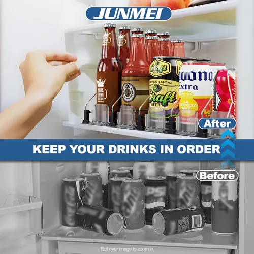 Vista 6 de Organizador de Bebidas para Refrigerador, 12oz 16oz 20oz - Dispensador de Latas de Refresco para Refrigerador, Ancho Ajustable, Deslizador Negro