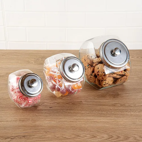 Vista 9 de Restaurantware Vetri Tarro de Centavos de 1 Galón 1 Tarro de Dulces Duradero - Con Tapa Cromada de Boquilla Ancha Tarros de Galletas de Vidrio