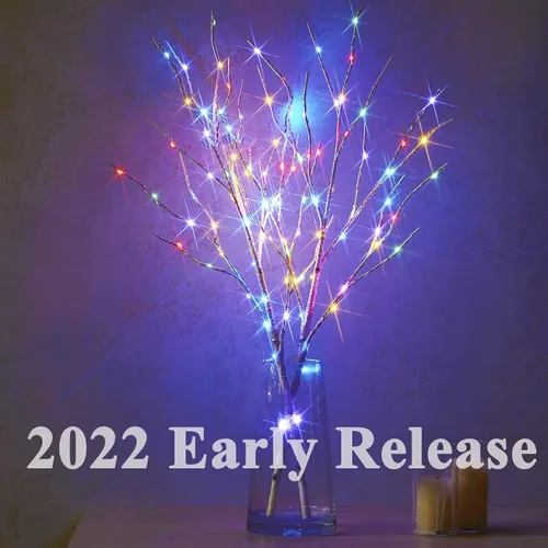 Vista 2 de Hairui Ramas de abedul iluminadas que funcionan con pilas, con 8 funciones, 100 luces multicolor y blancas cálidas, ramas preiluminadas