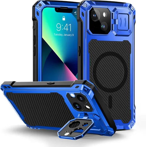 Vista 10 de Lanhiem Funda de metal para iPhone 13 con funda de cámara y soporte [compatible con MagSafe] [Soporte integrado] [Protección de grado militar] Funda