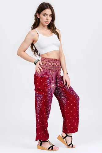 Vista 4 de Boho Aladdin - Pantalones harén para mujer, ligeros, de algodón, con cintura fruncida, pantalones de yoga Genie para descansar, viajes, festivales