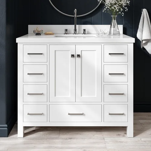 Vista 94 de ARIEL Cambridge - Mueble de baño con lavabo de 42 pulgadas, madera maciza, encimera de cuarzo blanco puro de 1.5 pulgadas, fregadero rectangular