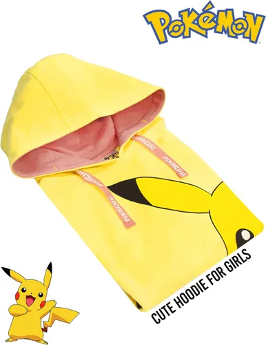 Vista 4 de Pokemon Sudadera con capucha para niñas y niños, color amarillo Pikachu con capucha