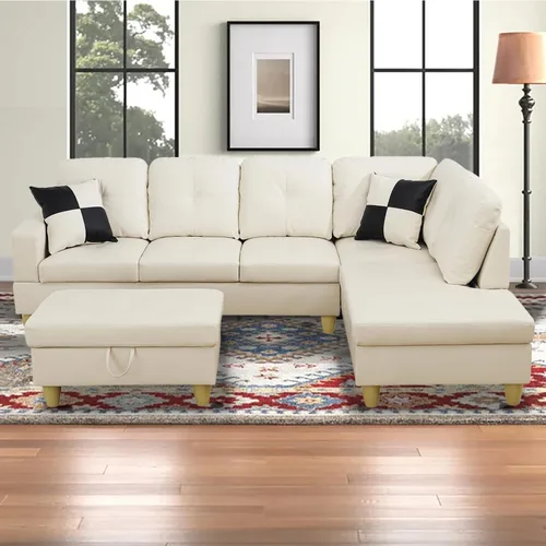 Vista 9 de Sofá modular para sala de estar, sofá seccional de cuero marrón en forma de L con diván y otomano de almacenamiento para sala de estar, B- marrón