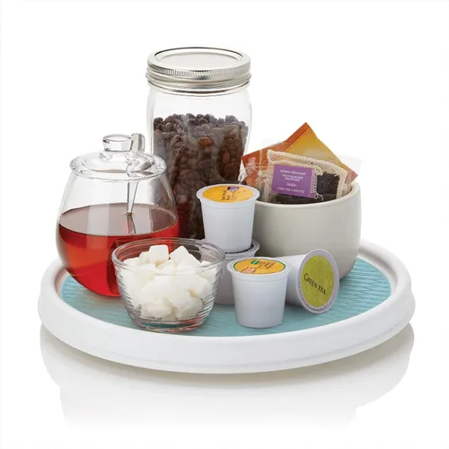 Vista 4 de Copco 5234754 Plato Giratorio Lazy Susan Antideslizante para Despensa, 12 Pulgadas, Blanco/Aguamarina