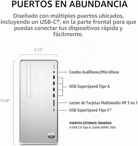 Vista 5 de HP Pavilion PC de escritorio, AMD Ryzen 7 5700G, 16 GB de RAM, SSD de 512 GB, Windows 11 Pro, conectividad Wi-Fi 5 y Bluetooth, 9 puertos USB, combo
