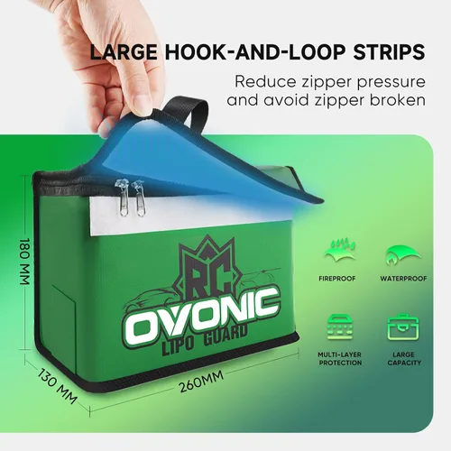 Vista 5 de Bolsa segura para batería Lipo Ovonic, bolsa ignífuga a prueba de explosiones, de gran capacidad para carga y almacenamiento de baterías Lipo