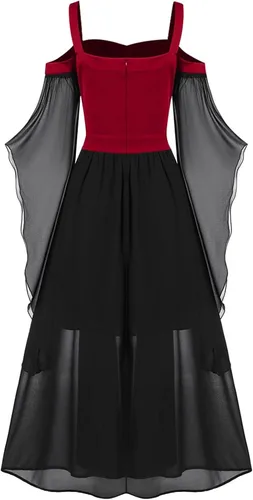 Vista 3 de Disfraz medieval para mujer, con hombros descubiertos, manga mariposa, vestido largo gótico, steampunk, con cordones, vestidos de fiesta
