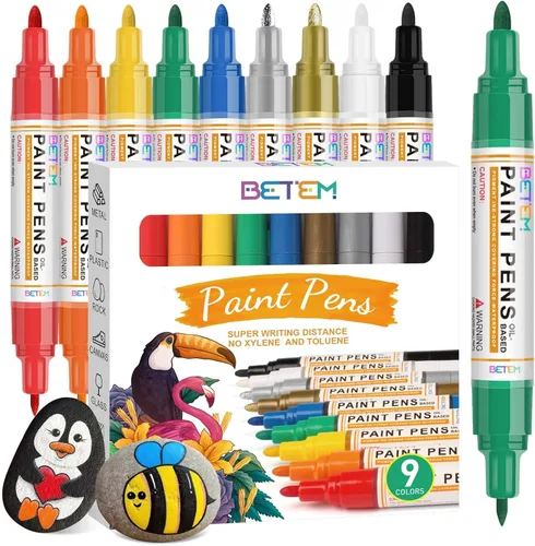 Vista 7 de Betem 4 rotuladores de pintura a base de aceite de doble punta (0.028 in y 0.118 in), marcador permanente blanco negro, impermeable, secado rápido