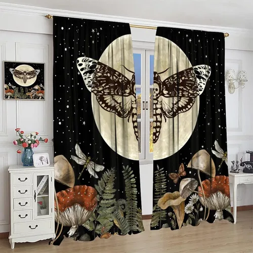Vista 31 de Cortinas góticas de bosque de cuervos, para Halloween, espeluznante, negro, cuervo negro, alas oscuras, suspenso, bolsillo para barra, cortinas