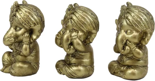 Vista 2 de Ebros - Juego de 3 figuras de elefante hindú dorado, Dios, Señor, Ganesha, con turbante, 4 pulgadas de alto, Deidad de las artes, sabiduría