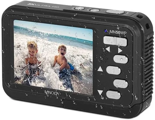 Vista 3 de Minolta Cámara digital subacuática de 48 MP: video Ultra HD 5K, enfoque automático, zoom digital de 16x, pantallas LCD duales, pantalla frontal