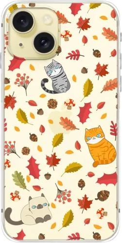 Vista 4 de Blingy's Funda compatible con iPhone 15, divertido estilo gato con patrón de hojas de otoño, lindo diseño de animales de otoño, funda protectora