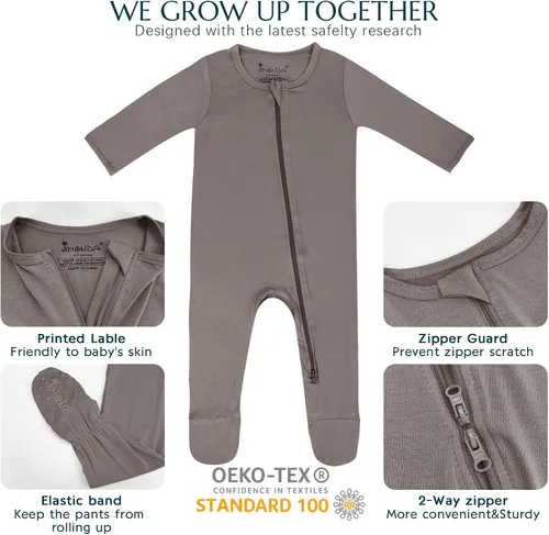 Vista 21 de Jimonda Pijama de bambú para bebé, unisex, para niños y niñas, de una pieza, manga larga, cierre de cremallera de 2 vías, mameluco
