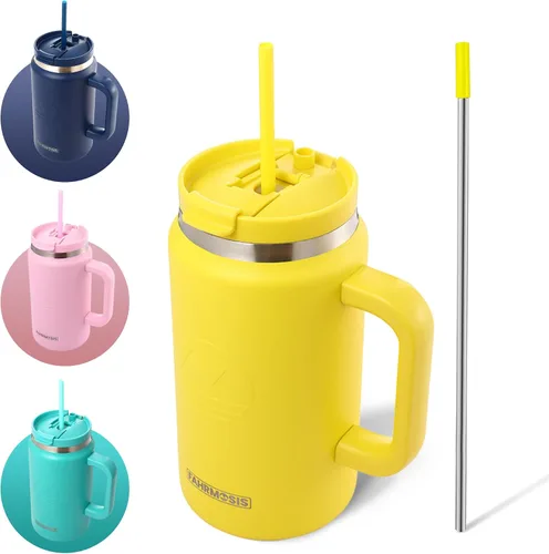 Vista 17 de FAHRMOSIS Vaso de 40 onzas con asa y pajita, taza aislada que cabe en el portavasos para bebidas frías y calientes, vaso a prueba de fugas
