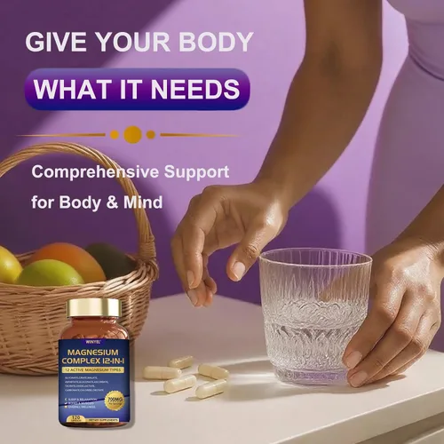 Vista 4 de Complejo de magnesio 700 mg 12 en 1 Suplemento de magnesio con glicinato, citrato, malato Sueño, calma, relajación muscular, apoyo para la salud