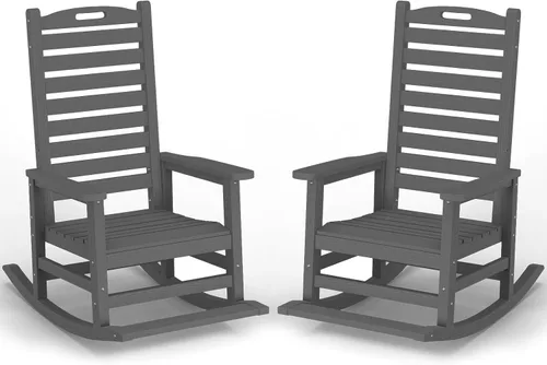 Vista 12 de PLUUV Silla mecedora de exterior con reposapiés extraíble para adultos, sillas mecedoras de patio de respaldo alto HDPE, sillas mecedoras de porche